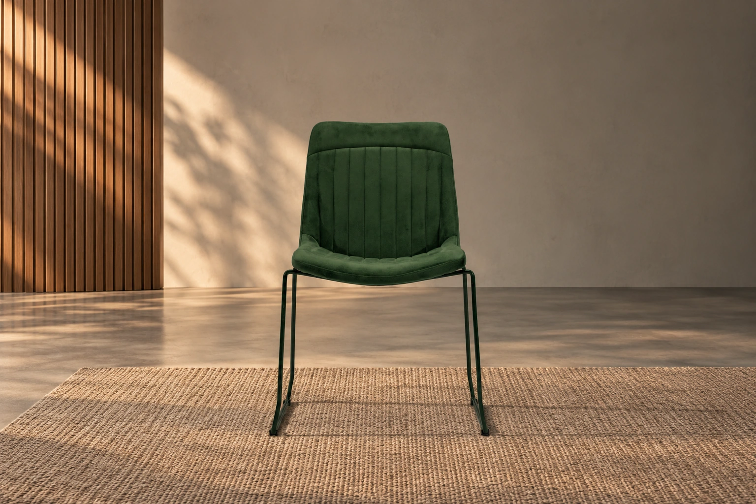silla-comedor-pana-verde-ingles-hierro-verde-frontal-ambientada Silla de comedor tapizada en pana color verde ingles con estructura de hierro verde ingles brillante vista frontal ambiente de comedor