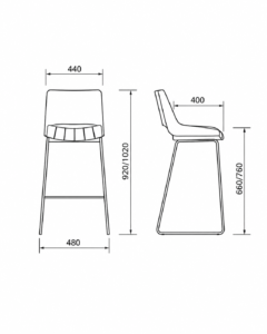 Dibujo técnico con medidas de banqueta de diseño con vistas frontal y lateral.