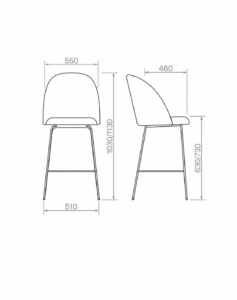 Dibujo técnico con medidas de banqueta de diseño con vistas frontal y lateral.