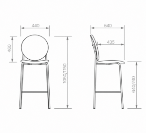 Dibujo técnico con medidas de banqueta de diseño con vistas frontal y lateral.