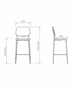 Dibujo técnico con medidas de banqueta de diseño con vistas frontal y lateral.