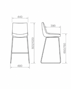 Dibujo técnico con medidas de banqueta de diseño con vistas frontal y lateral.