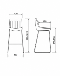 Dibujo técnico con medidas de banqueta de diseño con vistas frontal y lateral.
