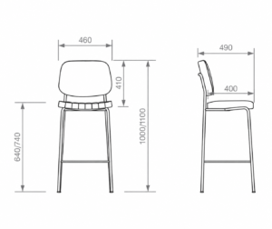 Dibujo técnico con medidas de banqueta de diseño con vistas frontal y lateral.
