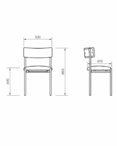 Dibujo técnico con medidas de silla de comedor de diseño con vistas frontal y lateral.