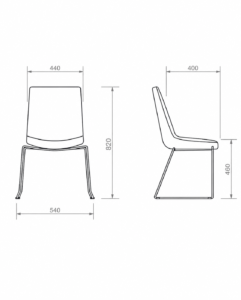 Dibujo técnico con medidas de silla de comedor de diseño con vistas frontal y lateral.
