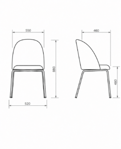 Dibujo técnico con medidas de silla de comedor de diseño con vistas frontal y lateral.