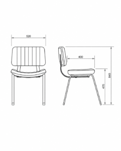 Dibujo técnico con medidas de silla de comedor de diseño con vistas frontal y lateral.