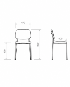 Dibujo técnico con medidas de silla de comedor de diseño con vistas frontal y lateral.