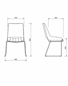 Dibujo técnico con medidas de silla de comedor de diseño con vistas frontal y lateral.