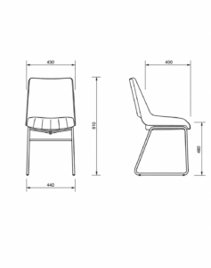 Dibujo técnico con medidas de silla de comedor de diseño con vistas frontal y lateral.