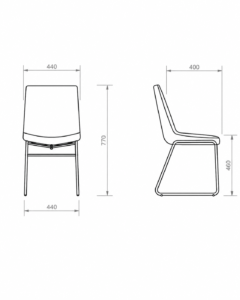 Dibujo técnico con medidas de silla de comedor de diseño con vistas frontal y lateral.