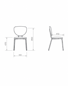 Dibujo técnico con medidas de silla de comedor de diseño con vistas frontal y lateral.