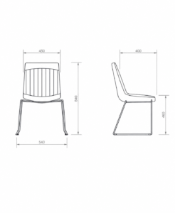Dibujo técnico con medidas de silla de comedor de diseño con vistas frontal y lateral.