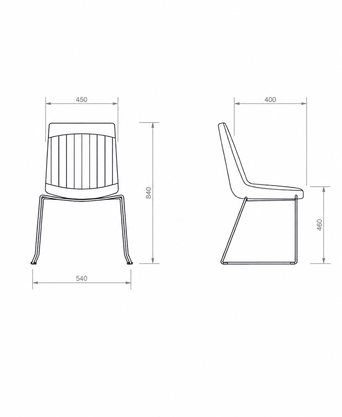 silla-de-comedor-de-diseño-tapizada-caño-de-diseño-contemporaneo-medidas-dibujo-tecnico Dibujo técnico con medidas de silla de comedor de diseño con vistas frontal y lateral.