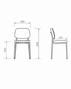 Dibujo técnico con medidas de silla de comedor de diseño con vistas frontal y lateral.