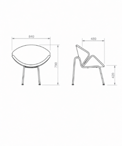 Dibujo técnico con medidas de silla poltrona de diseño contemporáneo con vistas frontal y lateral
