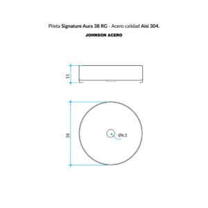Bacha de baño Johnson Aura 38 Rose Gold Nano PVD de apoyo sobre mesada plano tecnico
