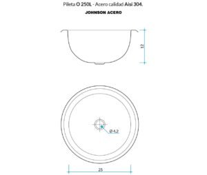 Bacha de baño Johnson O 250L redonda de acero inoxidable para vanitory plano tecnico