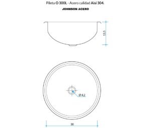 Bacha de baño Johnson O 300L redonda de acero inoxidable para vanitory plano tecnico