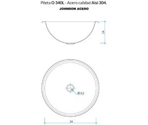 Bacha de baño Johnson O 340L redonda de acero inoxidable para vanitory PLANO TECNICO
