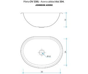 Bacha de baño Johnson OV 330L ovalada de acero inoxidable para vanitory plano tecnico