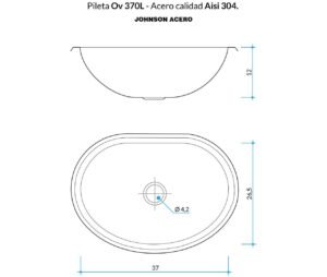Bacha de baño Johnson OV 370L ovalada de acero inoxidable para vanitory plano tecnico
