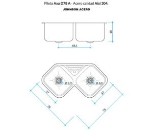 Bacha doble de cocina AXA D78 A de acero inoxidable AISI 304 para bajo o sobre mesada plano tecnico