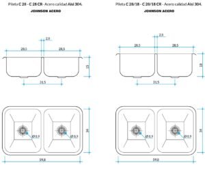 Bacha doble de cocina C 28 de acero inoxidable AISI 304 para instalación bajo mesada plano tecnico
