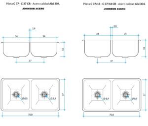 Bacha doble de cocina C 37 de acero inoxidable AISI 304 para instalación bajo mesada plano tecnico