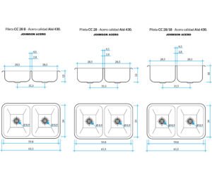 Bacha doble de cocina CC 28 de acero inoxidable AISI 430 con terminación satinada para instalación bajo mesada plano tecnico