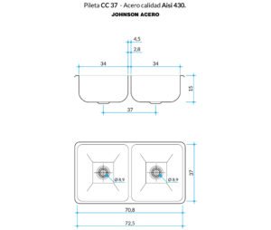 Bacha doble de cocina CC 37 de acero inoxidable AISI 430 con terminación satinada para instalación bajo mesada plano tecnico