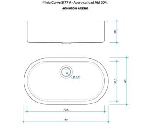 Bacha de cocina Curve SI77 A de acero inoxidable AISI 304, amplia y de cuba simple plano técnico