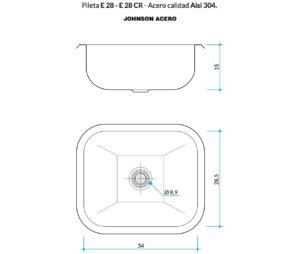 Bacha de cocina E 28 de acero inoxidable AISI 304, compacta para instalación bajo mesada plano tecnico