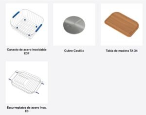 Bacha de cocina E 37 de acero inoxidable AISI 304, compacta para instalación bajo mesada accesorios