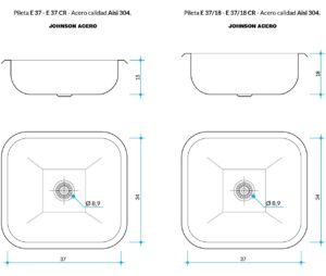 Bacha de cocina E 37 de acero inoxidable AISI 304, compacta para instalación bajo mesada plano tecnico