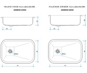 Bacha de cocina E 44 de acero inoxidable AISI 304 para instalación bajo mesada plano tecnico