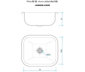 Bacha de cocina EE 28 de acero inoxidable AISI 430 con terminación satinada para instalación bajo mesada plano tecnico