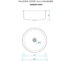 Bacha redonda de cocina O 37A de acero inoxidable AISI 304 para bajo o sobre mesada plano tecnico