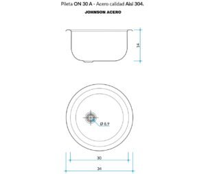 Bacha redonda de cocina ON 30A de acero inoxidable AISI 304 para instalación sobre mesada plano tecnico