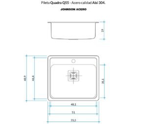 Bacha de cocina Quadra Mini Q55A de acero inoxidable AISI 304 con diseño compacto y cuba simple plano tecnico