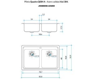 Bacha doble de cocina Quadra Q 084 A de acero inoxidable AISI 304 para mesadas amplias plano tecnico