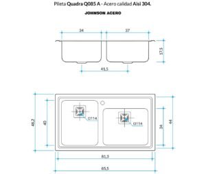 Bacha doble de cocina Quadra Q 085 A de acero inoxidable AISI 304 para mesadas amplias plano tecnico