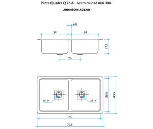 Bacha doble de cocina Quadra Q 76 A de acero inoxidable AISI 304 para instalación bajo mesada o sobre mesada plano tecnico