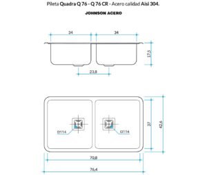 Bacha doble de cocina Quadra Q76 de acero inoxidable AISI 304 para instalación bajo mesada plano tecnico