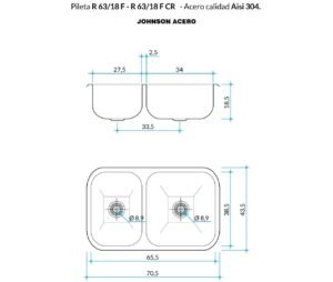 Bacha doble de cocina R 63/18 F de acero inoxidable AISI 304 para bajo o sobre mesada plano tecnico