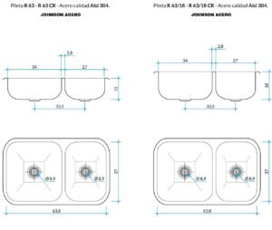 Bacha doble de cocina R 63 de acero inoxidable AISI 304 para instalación bajo mesada plano tecnico