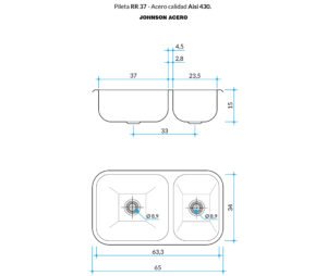 Bacha de cocina RR 37 de acero inoxidable AISI 430 con terminación satinada para instalación bajo mesada.