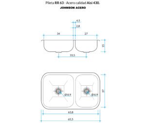 Bacha doble de cocina RR 63 de acero inoxidable AISI 430 con terminación satinada para instalación bajo mesada plano tecnico