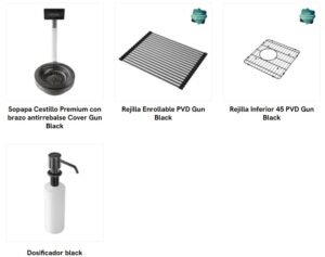 Bacha de cocina Signature Enkel 45 Gun Black de acero inoxidable con terminación Nano PVD accesorios